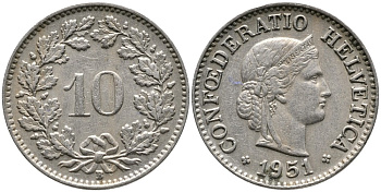 ШВЕЙЦАРИЯ 10 РАППЕНОВ 1951 В KM 27 медно-никель 4539-445
