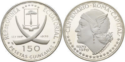 Экваториальная Гвинея 150 песет 1970 100 лет Риму как столице Италии, Меркурий KM 17 серебро PROOF 3831-123
