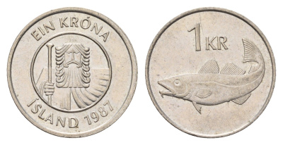 Исландия 1 крона 1987 треска KM 27 медно-никель 4691-541