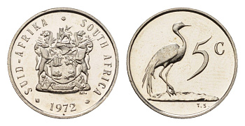 ЮАР 5 центов 1972 герб, райский журавль KM 84 никель PROOF 4690-862