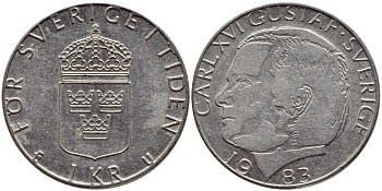 Швеция 1 крона 1983 Карл XVI Густав (1973- ) KM 852a медно-никель 4397-1117