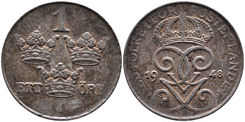 Швеция 1 эре 1948 Густав V (1907-1950) KM 810 железо 4387-545