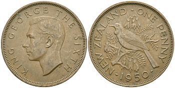 Новая Зеландия 1 пенни 1950 Георг VI (1936-1952), новозеландский туи KM 21 бронза 4536-116