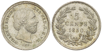 Нидерланды 5 центов 1850 Виллем III (1849-1890), точка после даты KM 91 серебро aUNC 66-1222