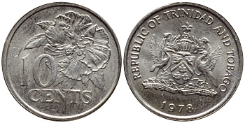 Тринидад и Тобаго 10 центов 1978 цветок гибискуса KM 31 медно-никель 4396-865