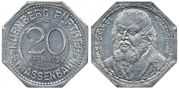 Германия, Нюрнберг - Фюрт 20 пфеннигов ND трамвайный жетон, Иероним Хольцшуэр алюминий 4119-632
