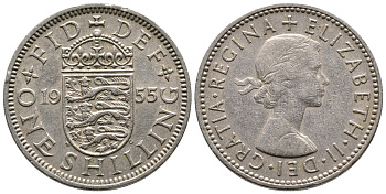 Великобритания 1 шиллинг 1955 Елизавета II (1952-2022), Английский герб KM 904, Spink 4147 медно-никель 86-925