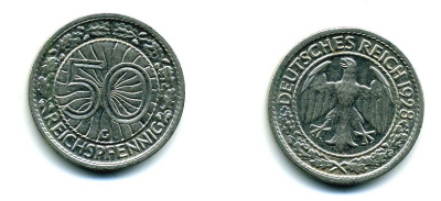 Германия 50 рейхспфеннигов 1928 G KM 49, J.324 никель 46-1821