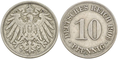 ГЕРМАНИЯ 10 ПФЕННИГОВ 1906 D KM 12, Jager 13, Weege 8 медно-никель 219-123