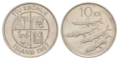 Исландия 10 крон 1987 рыбы KM 29.1 медно-никель 4635-141