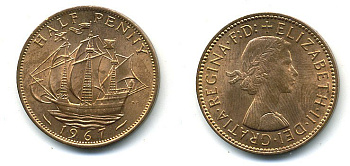 Великобритания 1/2 пенни 1967 Елизавета II (1952-2022) KM 896, Spink 4158 бронза UNC 4110-522