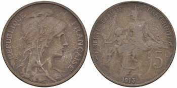 ФРАНЦИЯ 5 САНТИМОВ 1913 ТИП ДАНИЭЛЬ ДЮПЮИ KM 842, LE FRANC 119.25 бронза 108-945