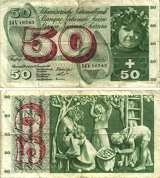 Швейцария 50 франков 1961 21 декабря 1961, серия 14 V, подпись 40 Pick 48 b бумага 8606-17-1-1