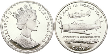 Остров Мэн 1 крона 1995 Авиация Второй Мировой войны - Commonwealth Boomerang CA - 13 KM 512a серебро PROOF 1530-1342