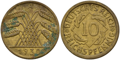 Германия 10 рейхспфеннигов 1930 A J. 317, KM 40 алюминиевая бронза    4603-815