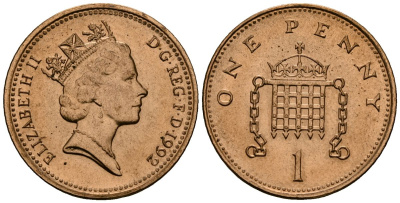 Великобритания 1 пенни 1992 Елизавета II (1952-2022) KM 935a, Spink 4391 (B4) сталь плакированная медью 4176-624