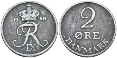 Дания 2 эре 1960 C; S, Фредерик IX (1947-1972) KM 840.2 цинк  4177-154