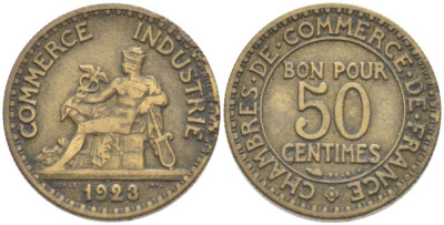 ФРАНЦИЯ 50 САНТИМОВ 1923 CHAMBRES DE COMMERCE KM 834, LE FRANC 191.6 алюминиевая бронза 218-123
