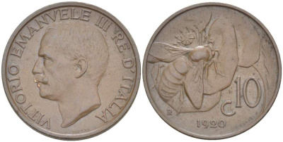 ИТАЛИЯ 10 ЧЕНТЕЗИМО 1920 R, МОНДВОР РИМ, ВИКТОР ЭММАНУИЛ III (1900-1946) KM 60 медь 4525-221