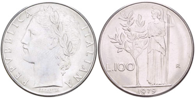 ИТАЛИЯ 100 ЛИР 1979 R, АФИНА, ДИАМЕТР 28 ММ. KM 96.1 нержавеющая сталь 4179-1115