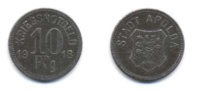 АПОЛЬДА 10 ПФЕННИГОВ 1918 НОТГЕЛЬД, ЗЕМЛЯ ТЮРИНГИЯ, РАЙОН ВЕЙМАР железо 29-246
