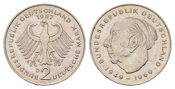 ФРГ 2 марки 1987 D, Теодор Хойс, 20 лет Федеративной Республике (1949-1969) KM A127 медно-никель 4675-311