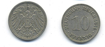 ГЕРМАНИЯ 10 ПФЕННИГОВ 1914 A KM 12, J. 13 медно-никель 58-416