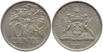Тринидад и Тобаго 10 центов 1976 цветок гибискуса KM 31 медно-никель 4396-853