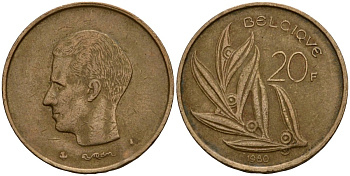 Бельгия 20 франков 1980 Belgique, Бодуэн I (1951-1993) KM 159 никель бронза 4601-334