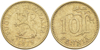 ФИНЛЯНДИЯ 10 ПЕННИ 1975 S KM 46 алюминиевая бронза 3718-131