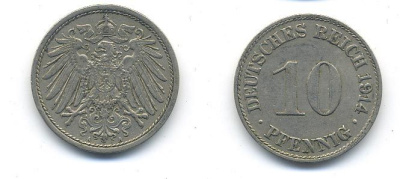 ГЕРМАНИЯ 10 ПФЕННИГОВ 1914 A KM 12, J. 13 медно-никель 58-416
