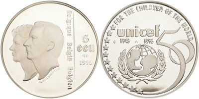 Бельгия 5 экю 1996 50 лет UNICEF (1946-1996) KM 203 серебро PROOF 11-252-12
