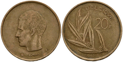 Бельгия 20 франков 1980 Belgique, Бодуэн I (1951-1993) KM 159 никель бронза 4601-334