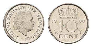Нидерланды 10 центов 1980 Юлиана (1948-1980) KM 182 никель 192-1146