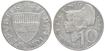 АВСТРИЯ 10 ШИЛЛИНГОВ 1957 KM 2882 серебро 4178-1133