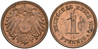 Германия 1 пфенниг 1900 D, Вильгельм II (1888-1918) KM 10, J. 10 медь 4608-147