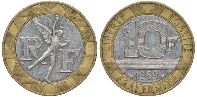 Франция 10 франков 1989 тип гений Бастилии KM 964.1, Le Franc 375.3 биметалл 45-613