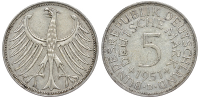 ФРГ 5 марок 1951 D, KM 112.1, J.387 серебро 4178-845