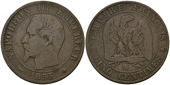 Франция 5 сантимов 1855 B, Наполеон III (1852-1870) KM 777.2, LE FRANC 166 бронза 51-1051