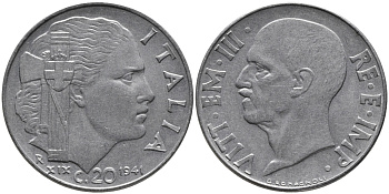 ИТАЛИЯ 20 ЧЕНТЕЗИМО 1941 R, ВИКТОР ИМАНУИЛ, XXII ГОД, МАГНИТНАЯ KM 75b нержавеющая сталь 84-552