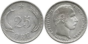 Дания 25 эре 1894 VBP, Кристиан IX (1863-1906) KM 796.2 серебро 100-733
