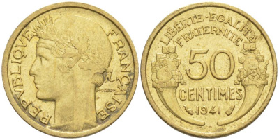 ФРАНЦИЯ 50 САНТИМОВ 1941 ТИП MORLON KM 894.1, LE FRANC 192.18 алюминиевая бронза 44-548