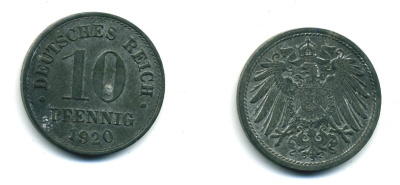 ГЕРМАНИЯ 10 ПФЕННИГОВ 1920 KM 26, J. 299 цинк 54-517