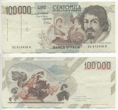 Италия 100000 лир 1983 Караваджо, фруктовый букет, подпись Speziali Pick 110b бумага 7220-28-1