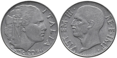 ИТАЛИЯ 20 ЧЕНТЕЗИМО 1941 R, ВИКТОР ИМАНУИЛ, XXII ГОД, МАГНИТНАЯ KM 75b нержавеющая сталь 84-552