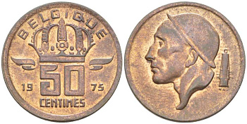 БЕЛЬГИЯ 50 САНТИМОВ 1975 BELGIQUE, БОДУЭН I (1951-1993) KM 148.1 бронза 206-217