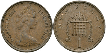 Великобритания 1 пенни 1974 Елизавета II (1952-2022) KM 915, Spink 4237 (B1) бронза 4396-1135