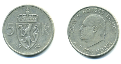 НОРВЕГИЯ 5 КРОН 1964 KM 412 медно-никель 80-615