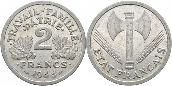ФРАНЦИЯ 2 ФРАНКА 1944 ПРАВИТЕЛЬСТВО ВИШИ KM 904.1 алюминий 114-746