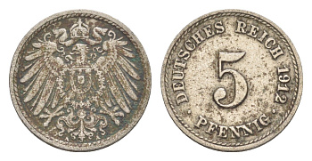 Германия 5 пфеннигов 1912 A, Вильгельм II (1888-1918) KM 11, J. 12 медно-никель 4647-866